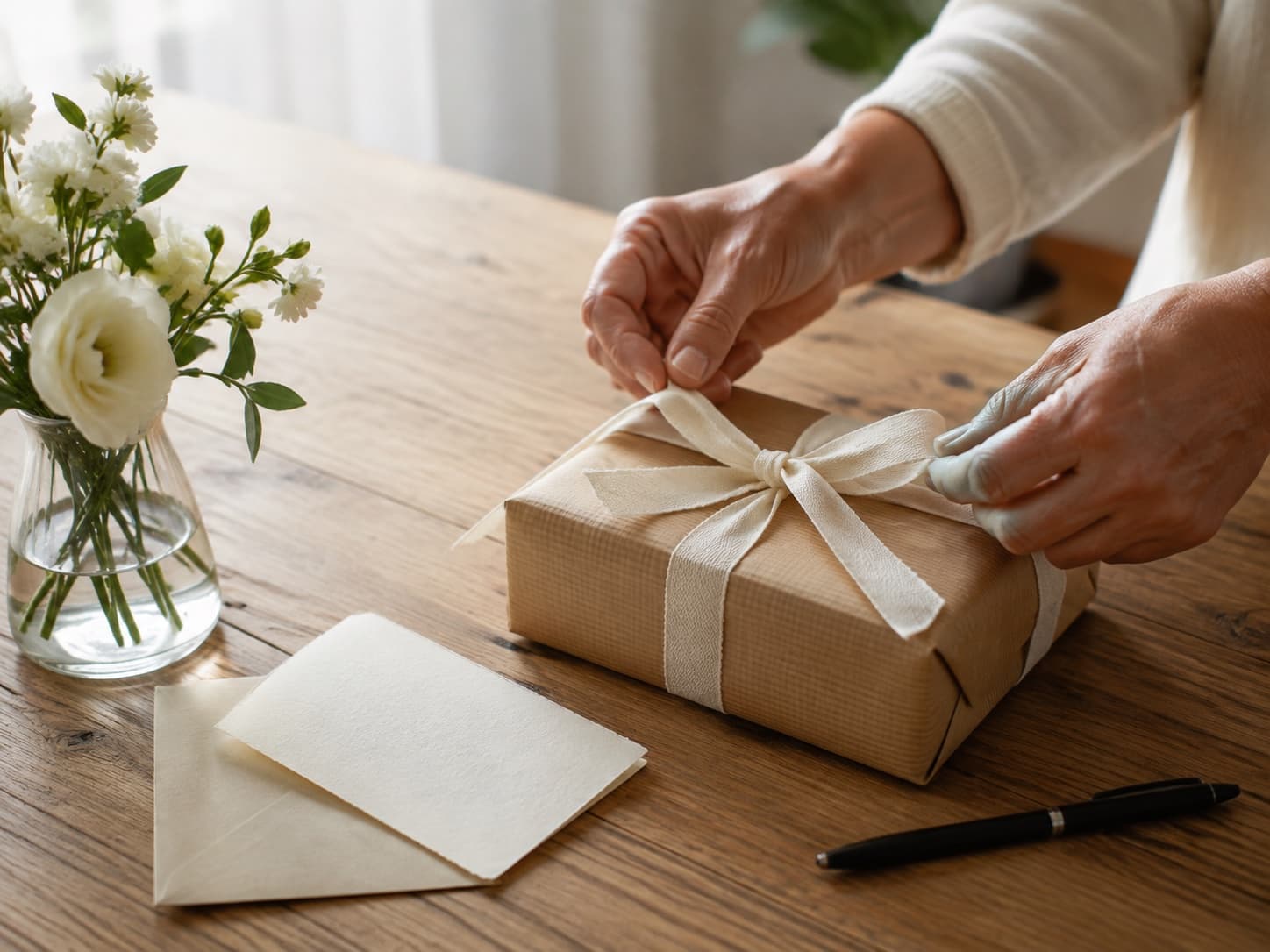 Hands tying ribbon around a simple wrapped sympathy gift beside flowers and a card